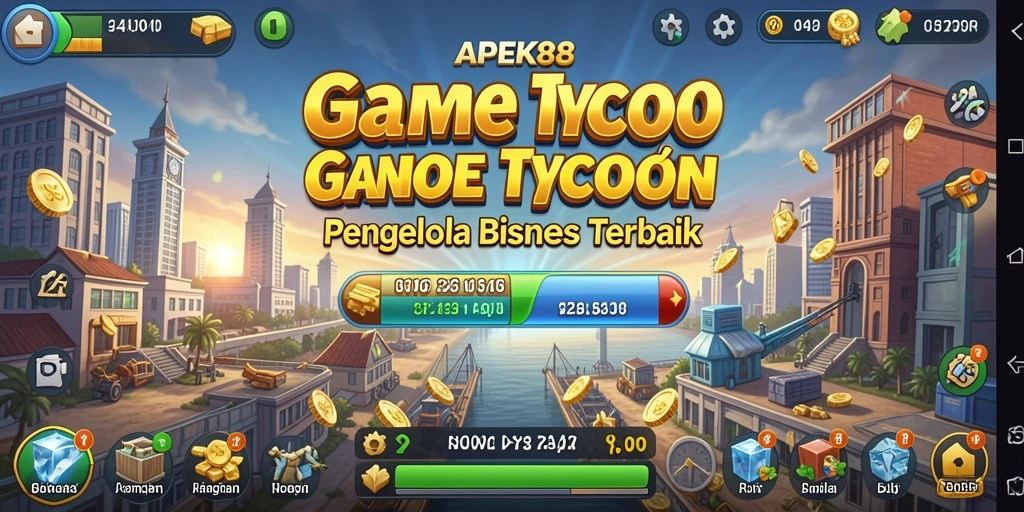Tampilan gameplay APEK88 yang menggambarkan manajemen bisnis Tycoon.