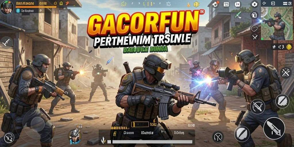 Tangkapan layar gameplay seru GACORFUN dalam pertarungan Battle Royale.
