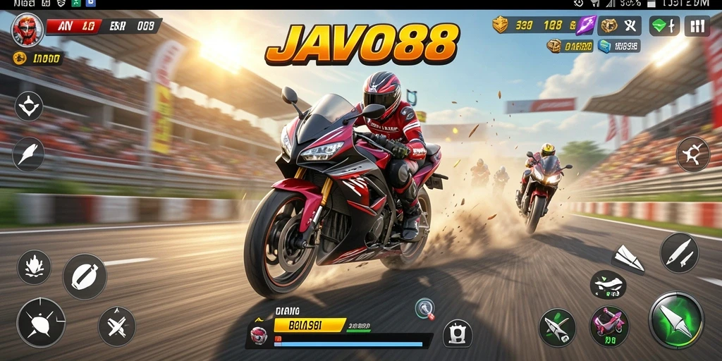 Tampilan gameplay <strong>JAVO88</strong> dengan aksi balapan motor yang seru.