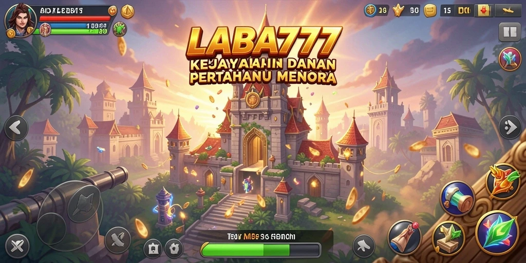 Screenshot gameplay LABA777 yang menunjukkan pertarungan menara yang epik.