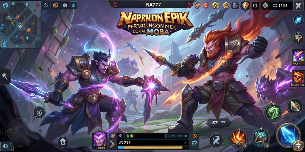 Screenshot utama NA777 menunjukkan aksi seru dalam pertempuran MOBA.