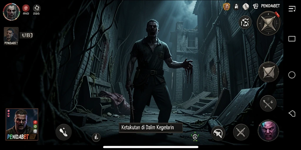 Screenshot utama PENIDABET menampilkan suasana gelap dan menakutkan dari gameplay.