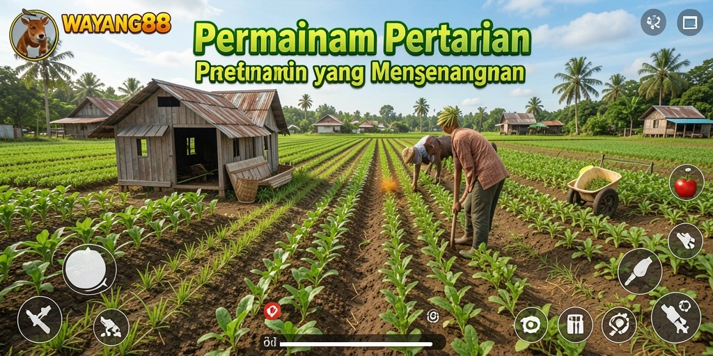 Screenshot permainan WAYANG88 menunjukkan lahan pertanian yang indah dan penuh warna.